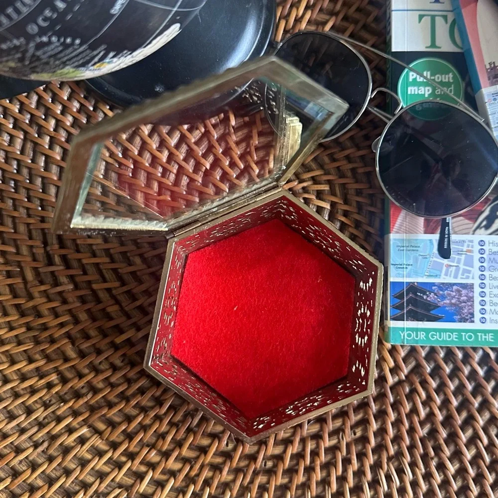 Vintage Metal Hexagon Jewelry Trinket Box with Beveled Glass Lid, 4
